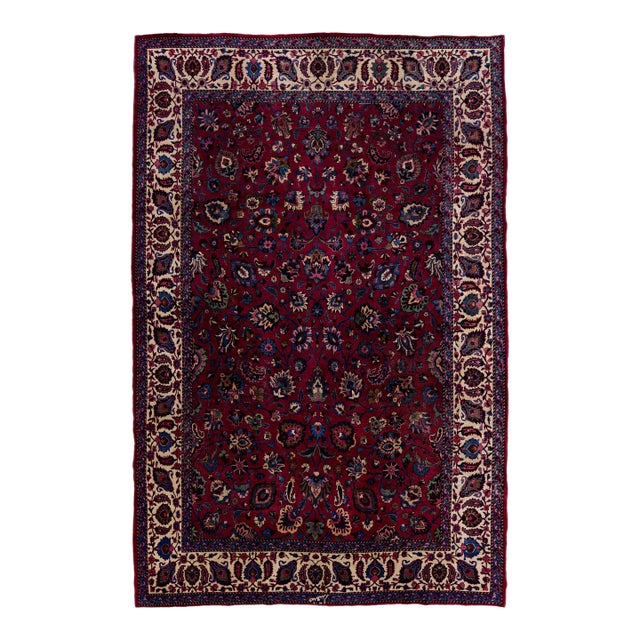 Mashad Handmade Allover Floral Red Wool Rug For Sale