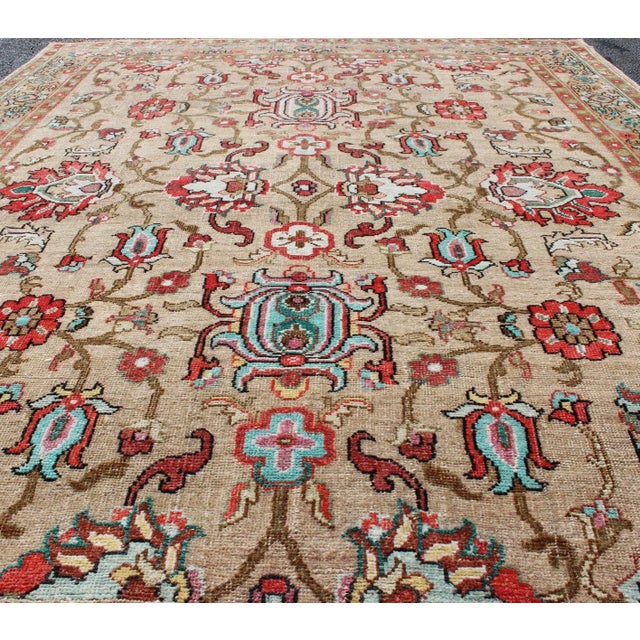 Textile Vibrant All-Over Design Vintage Hand Knotted Turkish Oushak Rug in Red and Tan For Sale - Image 7 of 12
