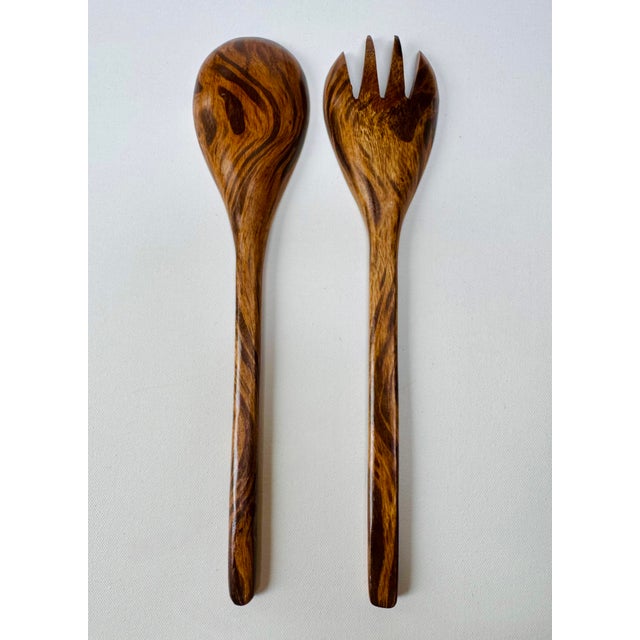 Brown Vintage Hand-Turned Exotic Wood Salad Bowl With Servers - 3 pcs For Sale - Image 8 of 13