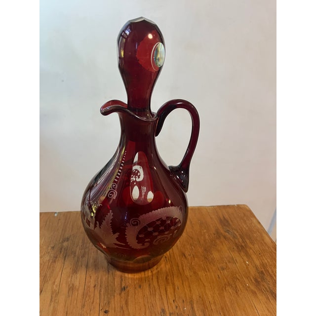 Mid 19th Century AntiquevEtched Red Cranberry Decanter Set With 2 Glasses For Sale - Image 5 of 10