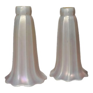 American Art Nouveau White and Gold Ribbed Lily Glass Lamp Shades - a Pair For Sale