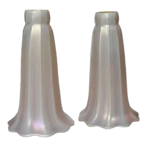 American Art Nouveau White and Gold Ribbed Lily Glass Lamp Shades - a Pair