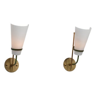Italian Wall Sconces in Brass, Green Metal and Opaline Glass, 1950s, Set of 2 For Sale