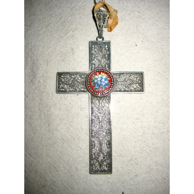 19th Century Micro Mosaic Italian Filigree Silver Cross For Sale - Image 6 of 7