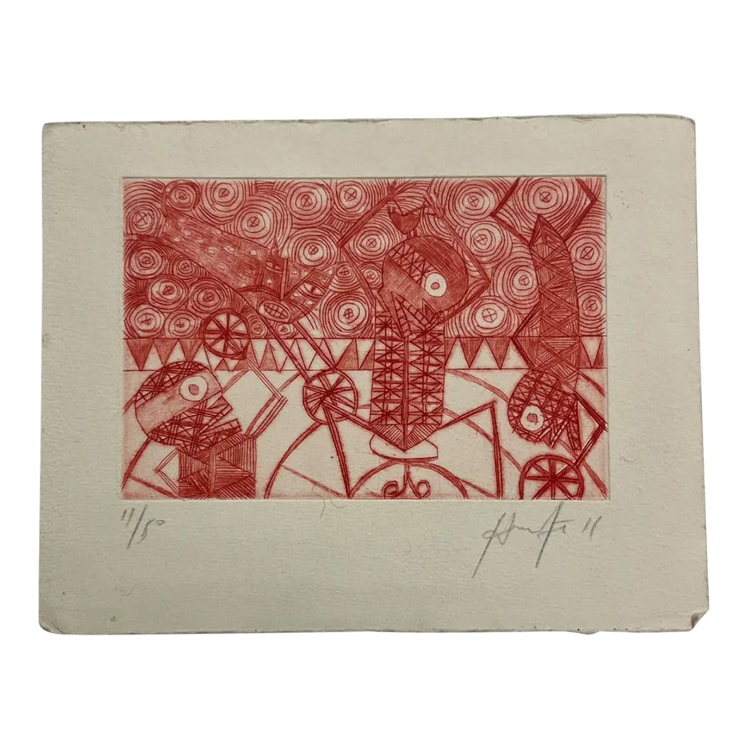 Mexican Modern Art Woodblock Print 11/50 Red Drawing Oaxaca Mexico ...