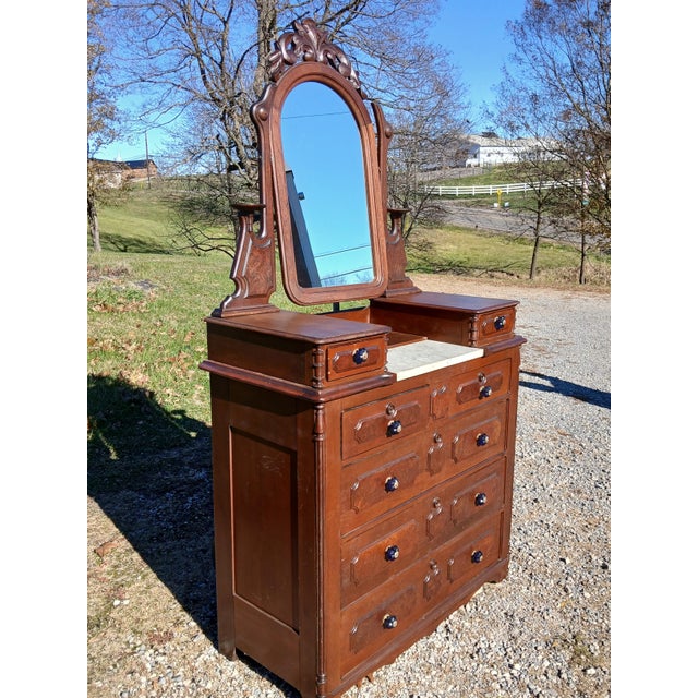 Victorian Antique Walnut Victorian 7 Drawer Dresser With Mirror 1880s For Sale - Image 3 of 17