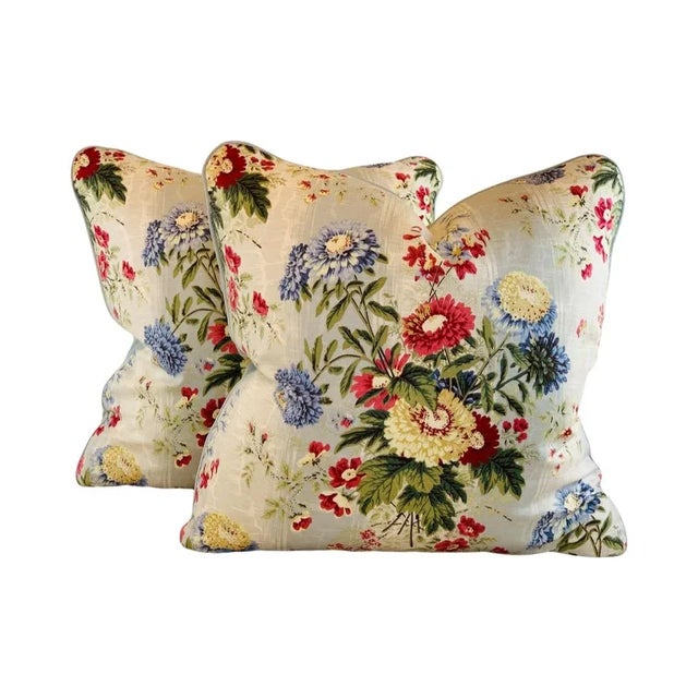 Shabby Chic Covington 5th Avenue Designs Aqua Gold Pink Purple Red Botanical Chrysanthemum Floral Bouquet Linen Fabric Sample For Sale - Image 3 of 4