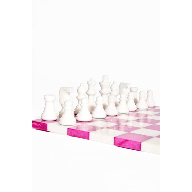 2020s Italian Rose Magenta/White Large Alabaster Chess Set For Sale - Image 5 of 10
