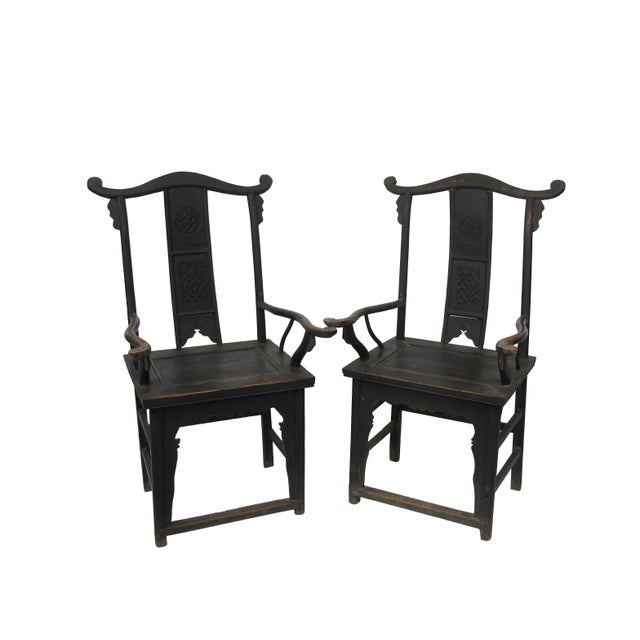 Antique Chinese Black Armchairs - a Pair For Sale - Image 4 of 12
