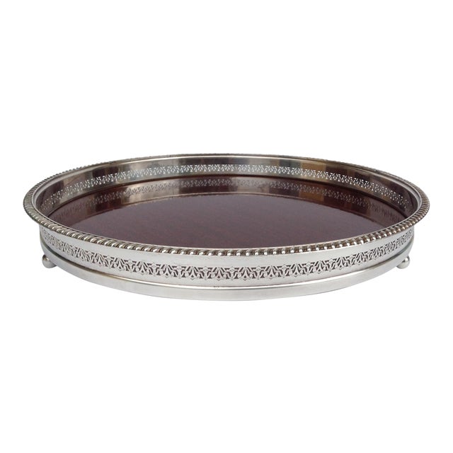 Vintage Silver Plate Reticulated Server Tray w/ Laminate Wood Grain Interior For Sale