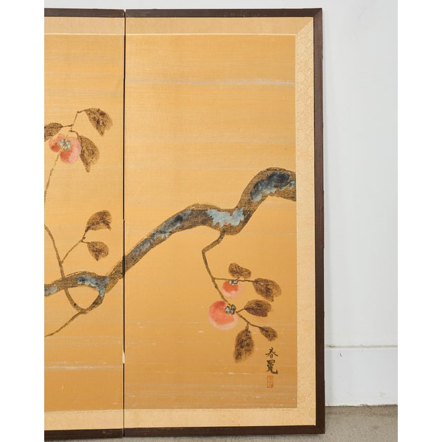 Metal Japanese Showa Four Panel Screen Persimmon Branch in Snow For Sale - Image 7 of 18