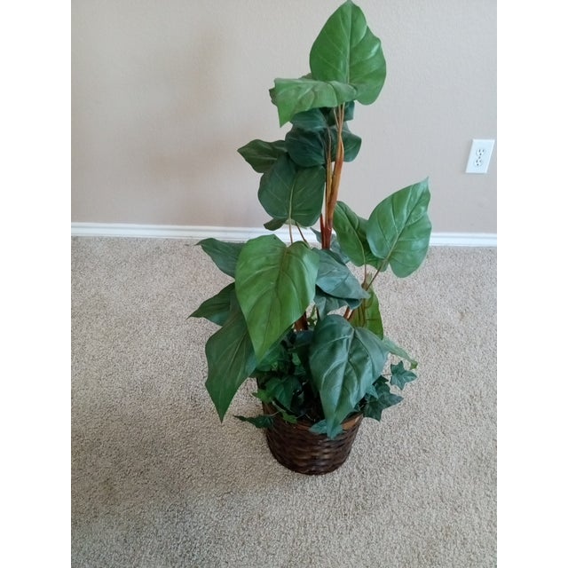 1980s Gorgeous Faux Alocacia Large Foliage Tall Plant in Wicker Basket For Sale - Image 5 of 5