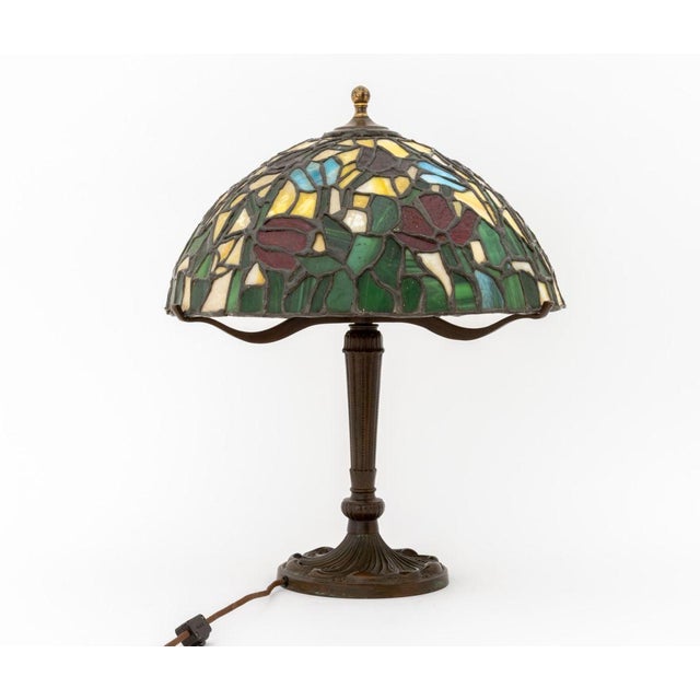 Green Tiffany Studios Style Stained Glass Table Lamp For Sale - Image 8 of 8