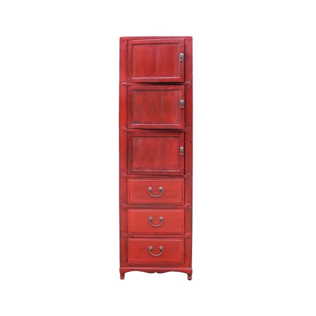 Chinese Vintage Red Lacquer Narrow 3 Shelves Drawers Storage
