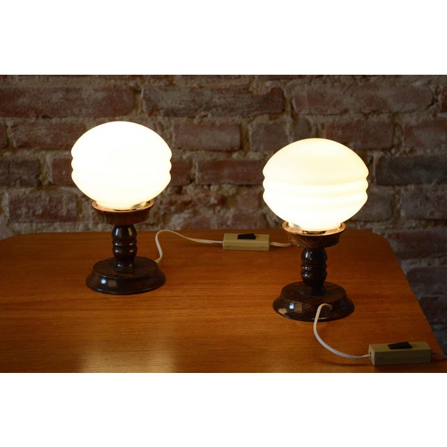 Art Deco Table Lamps in Beech and Opal Glass, Czech, 1930s, Set of 2 For Sale - Image 10 of 11