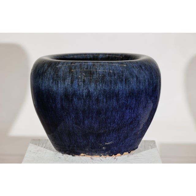 Vintage Chinese Blue-Glazed Ceramic Planter with Rounded Form and Brown Accents For Sale In New York - Image 6 of 18