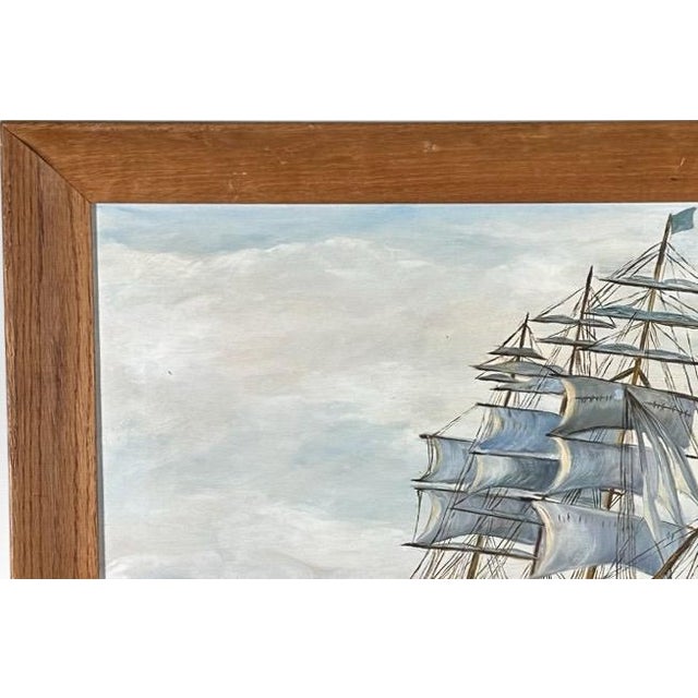Wood Vintage Mid Century Maritime Clipper Ship Framed Original Seascape Oil Painting For Sale - Image 7 of 13