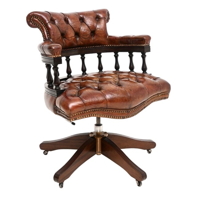 Antique Leather Swivel Captains Desk Chair, 1950s For Sale