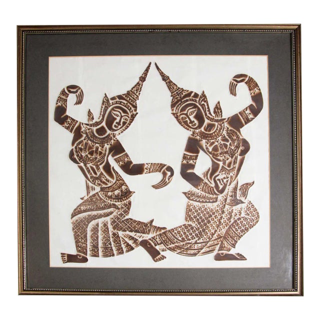 Vintage Thai Temple Charcoal Rubbing on Rice Paper For Sale