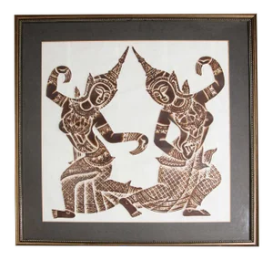 Vintage Thai Temple Charcoal Rubbing on Rice Paper