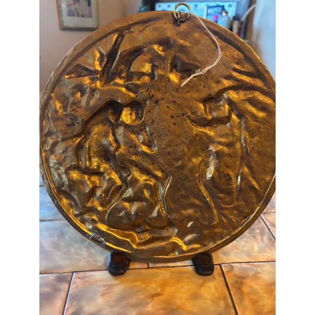 Antique Neoclassical Style Gilded Bronze Relief Plaque of Adam and Eve with an Archangel. Unsigned. Measures 9-5/8" in...