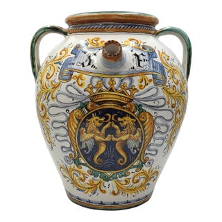 Amazing Rare Antique XL Mid 19th C Italian Majolica Olive Oil Jar Heraldic Lions Hand Painted For Sale