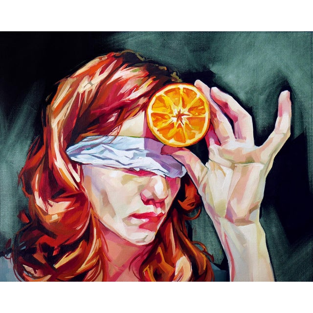 Perception in Orange by Ale Casanova | Oil on linen Woman with blindfold holding an orange slice. For Sale