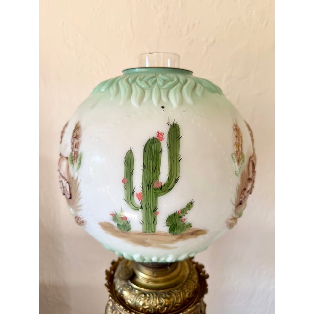 Antique Bradley & Hubbard Banquet Brass & Onyx Parlor Lamp, Electrified W/ Painted Globe For Sale - Image 10 of 18