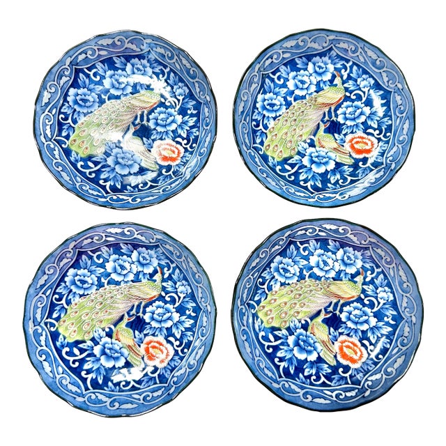 1970s Japanese Peacock Blue Floral Dessert Plates – Chinoiserie Style – Set of 4 For Sale