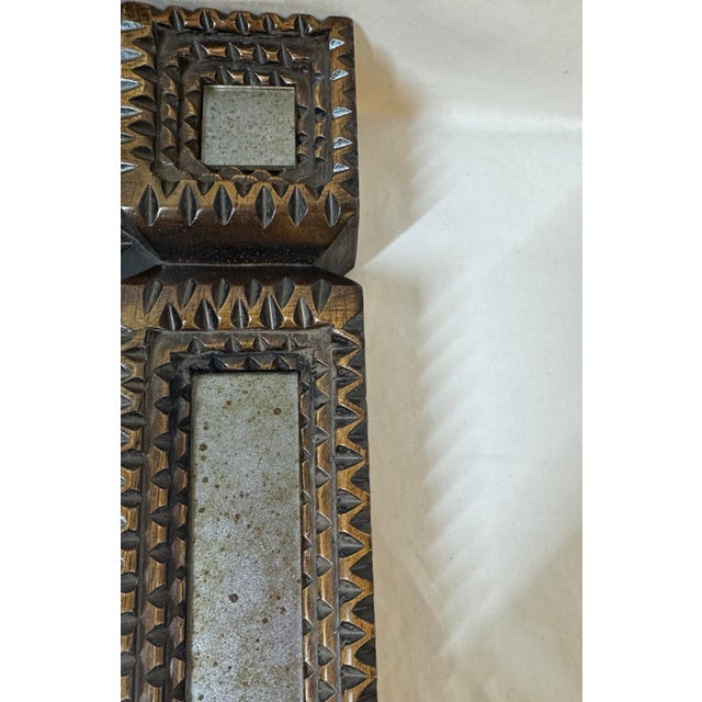 Early 21st Century Currey& Company Tramp Art Handcrafted Wood Square Mirror Antiqued Border For Sale - Image 5 of 12