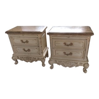 Vintage French Style Ornate Carved Wood Nightstands With Stone Tops - Set of 2 For Sale