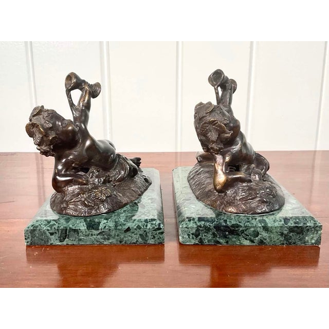 Pair of Vintage Bronze Belle Époque Style Bacchic Putti Bookends on Verde Marble, in the Manner of Auguste Moreau For Sale In New York - Image 6 of 12