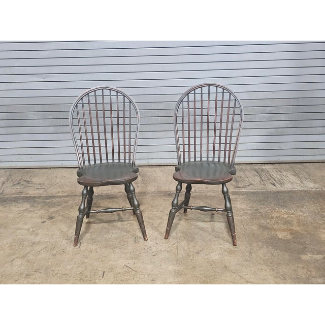 Store Item: Pair of David T Smith Bow Back Windsor Chairs Dark Green Finish Ohio Bench Made Description: Each Chair has a...