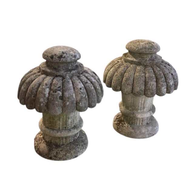 Pair of Vintage Cast Stone Gadrooned Mushroom Finials For Sale - Image 4 of 11