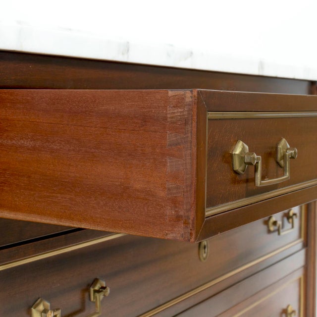 20th Century French Louis XVI Style Maison Jansen Three-Drawer Mahogany Commode With Cararra Marble Top For Sale - Image 15 of 18