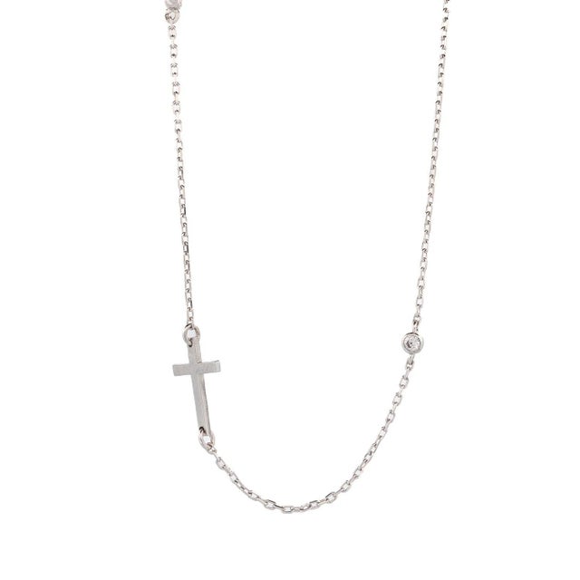 Contemporary Sterling Silver Cross Charm & Diamond Chain Necklace For Sale - Image 3 of 8