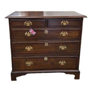 Late 19th Century Georgian Cherry & Oak Banded 5 Drawer Chest With Brass Handles & Escutheons For Sale