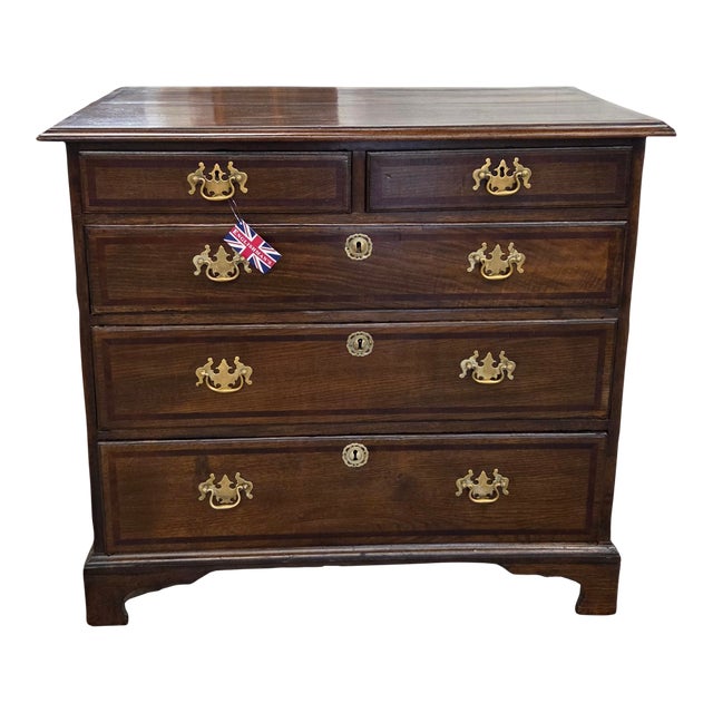 Late 19th Century Georgian Cherry & Oak Banded 5 Drawer Chest With Brass Handles & Escutheons For Sale