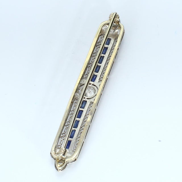 Traditional Mid 20th Century Elongated Brooch With Sapphires and Central Diamond 6.76g For Sale - Image 3 of 4