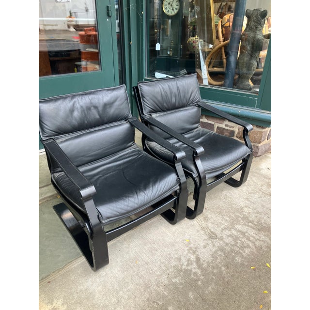 Mid Century Modern Swedish Black Leather Ake Fribytter Lounge Chairs -a Pair For Sale - Image 14 of 14