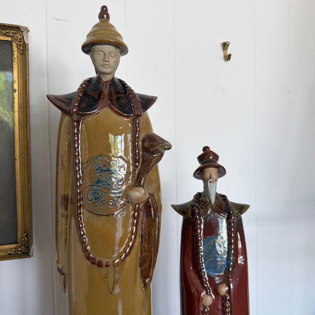 Mid 20th Century Pair of Monumental Asian-Inspired Glazed Ceramic Court Figures For Sale - Image 4 of 12