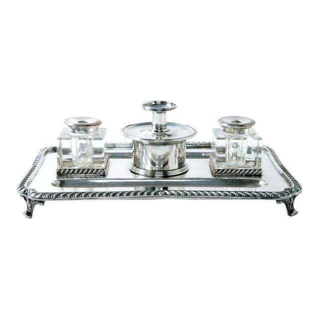 Early 1900s English Silver Plate Inkstand With Glass Inkwells For Sale