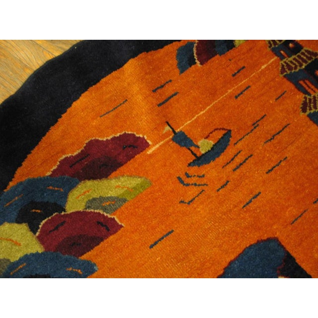 1920s Orange Scene Pictorial Antique Oval Chinese Art Deco Rug 4.06 X 4.1 Handknotted Wool Carpet For Sale - Image 4 of 6