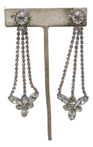 Vintage 1960s Signed Napier Rhodium Plated Clear Rhinestone Chandelier Clip Earrings-2 Pieces