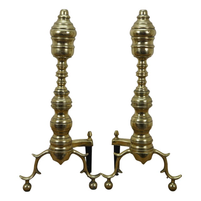Antique Georgian Colonial Revival Brass Beehive Fire Dog Andirons - a Pair For Sale