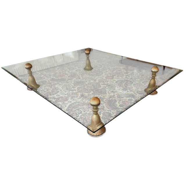 Mid-Century Modern Mid Century Modern 5’ by 5’ Gold Metal Tassel Lucite & Glass Cocktail Coffee Table For Sale - Image 3 of 6