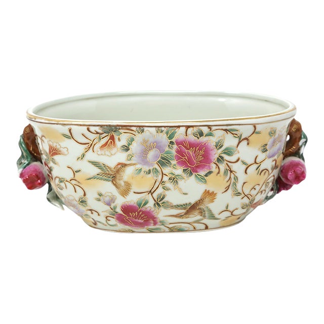 Chinese Chinoiserie Porcelain Footbath / Jardinière With Hummingbirds, Flowers & Pomegranate Handles For Sale
