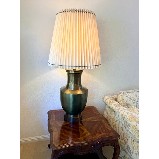 Vintage Mid-Century Modern Hand-Spun Solid Brass Table Lamp With Original Pleated Shade For Sale In Monterey, CA - Image 6 of 7