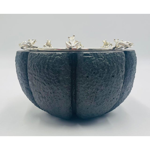 1980s 1980s Emilia Castillo Frog-Accented Silver Bowl on Volcanic Rock Base, Mexican Modern For Sale - Image 5 of 15