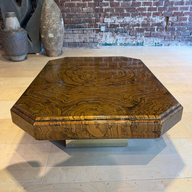 1970s Large Brass and Woodgrain Lacquer Coffee Table For Sale - Image 9 of 12